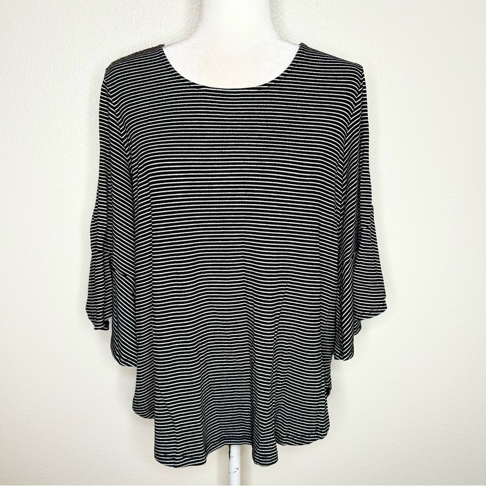 Pleione Womens Black & White Striped Knit Top Bell Sleeve Size L